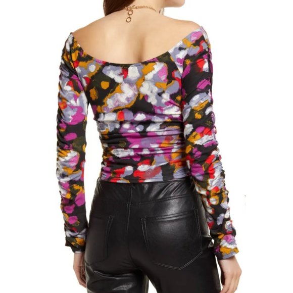 New Open Edit Off Shoulder Long Sleeve Ruched Faux Wrap Top Multi Size Small - Picture 3 of 16